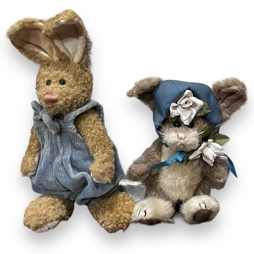 2 Vintage 90s Bunny Rabbits Boyds Bears Easter Plush Stuffed Animals Overalls